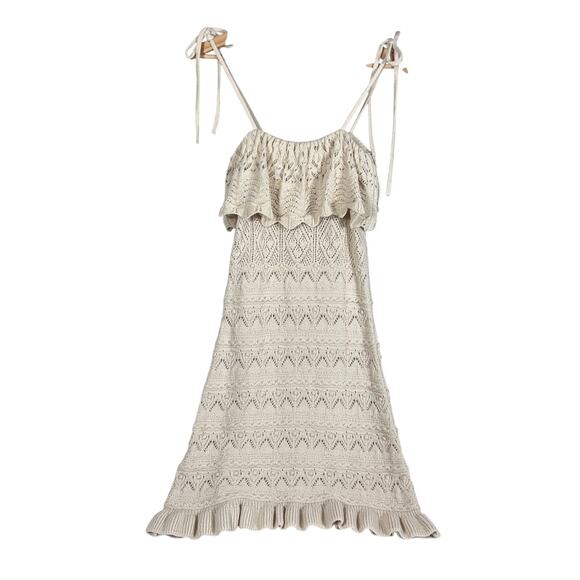 ZARA Knit Crochet Openwork Dress Ecru Off White Ruffle Strappy Size M NWT - Picture 3 of 10